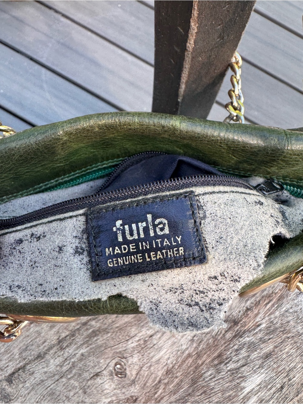 Furla Dark Green Leather Crossbody with Gold Chain - Picture 5 of 10